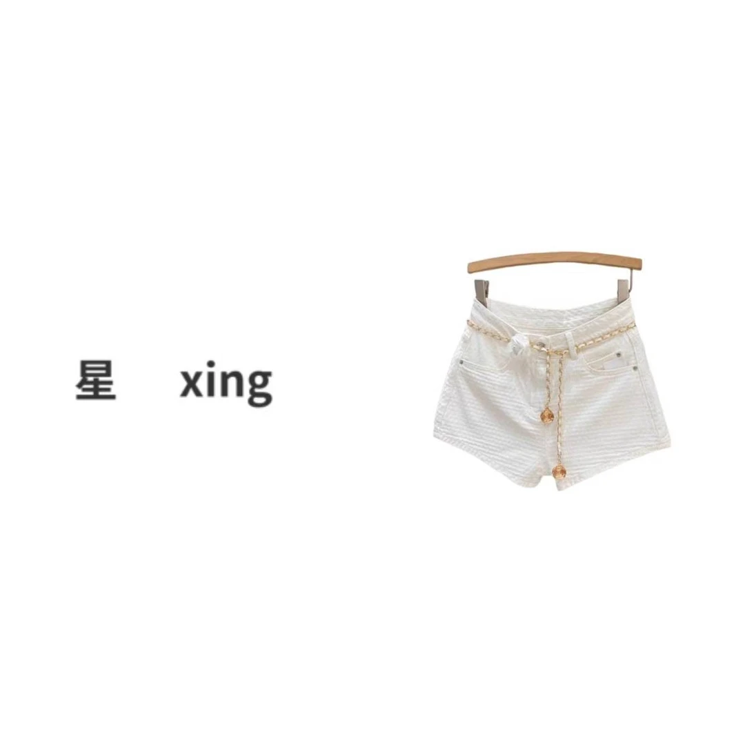 169香夏季新款白色牛仔裤短裤带腰链56040