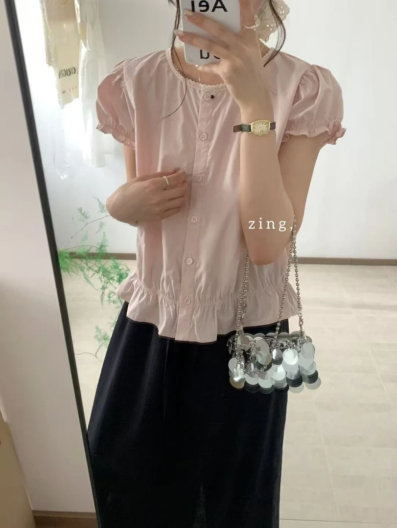 糖果色木耳边夏季衬衫宽松短款上衣