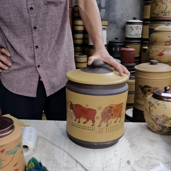 紫砂茶叶罐正品九饼五牛图11
