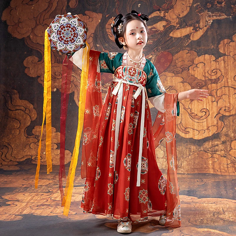 汉服女童春秋新款襦裙古装超仙小女孩敦煌飞天演出服中国风连衣裙