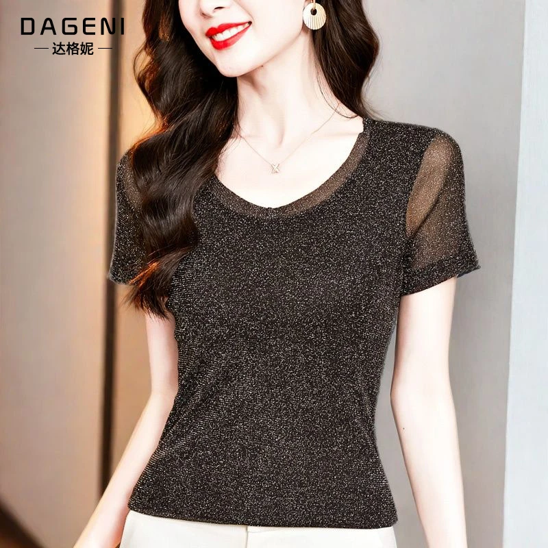 圆领亮丝网纱小衫短袖t恤女2025夏季气质修身百搭打底衫蕾丝上衣