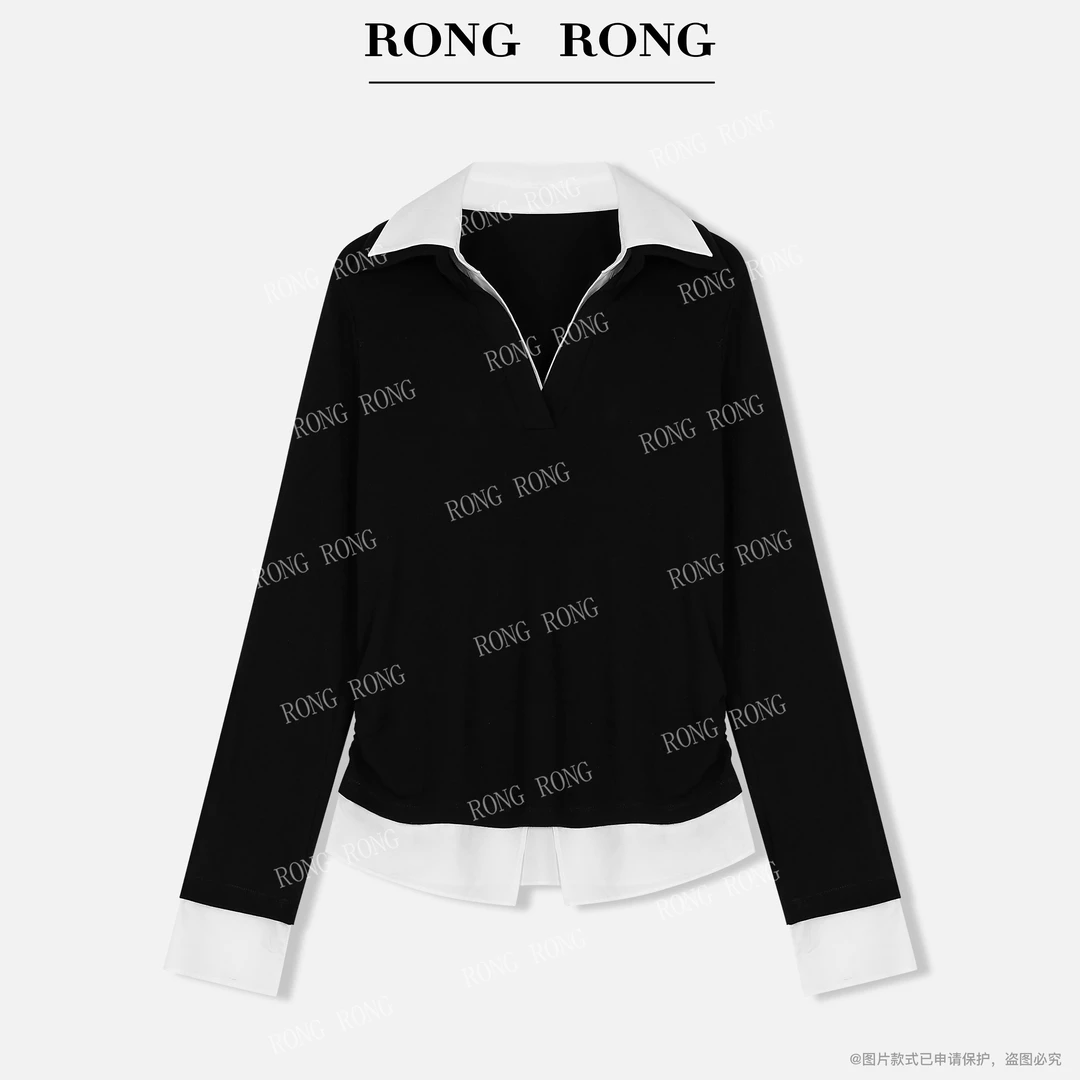 溶溶【剪刀领】RONGRONG 莱赛尔绵羊毛撞色拼接假两件上衣T-Z0412