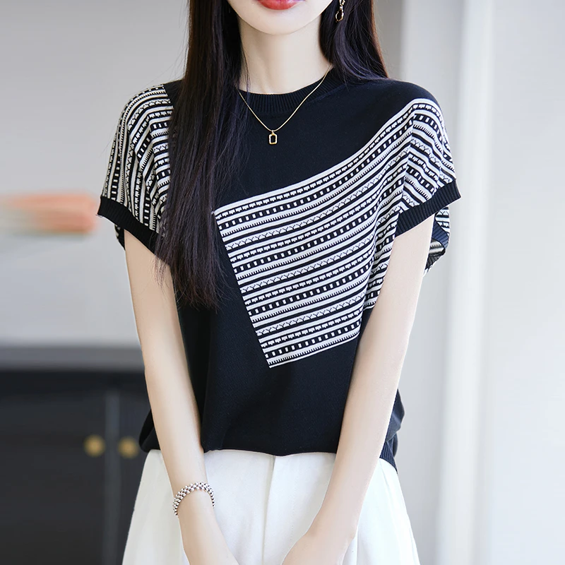 哥弟阿玛施正品新款设计感夏季短袖圆领针织衫百搭拼色T恤衫上衣