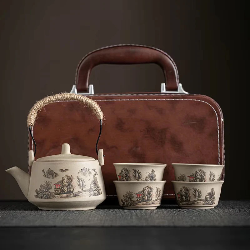 A-02(带包)粗陶提梁壶四杯带包包旅行茶具