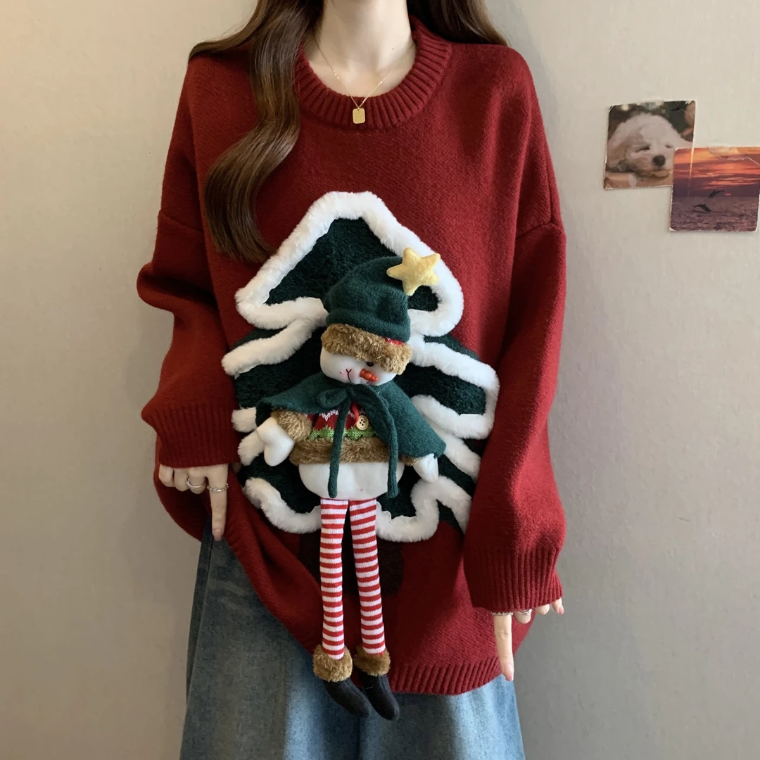 立体玩偶圆领红色圣诞毛衣女2025年新款大码奶fufu重工内搭针织衫