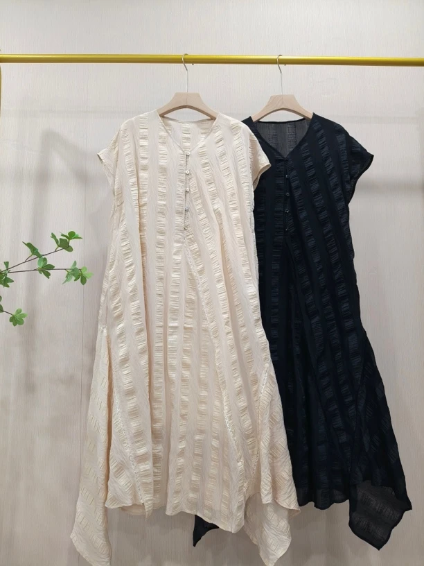 【Hua】2L179夏季新款新中式亚麻混纺长裙不规则格子纹理套头连衣裙