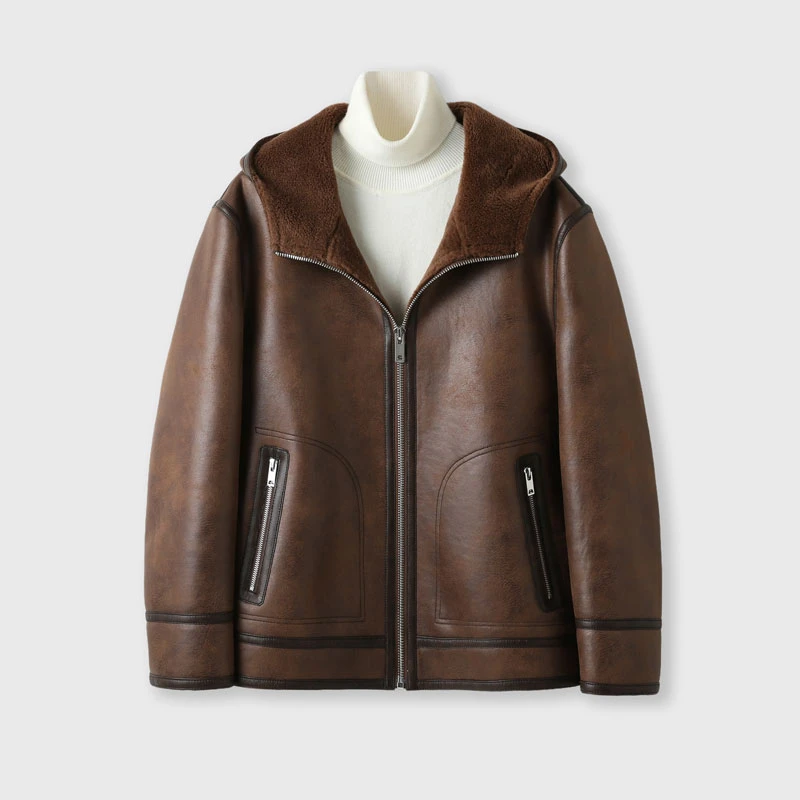 2025秋冬新款100%羊毛外套两面两穿机车服加厚商务男士连帽款夹克