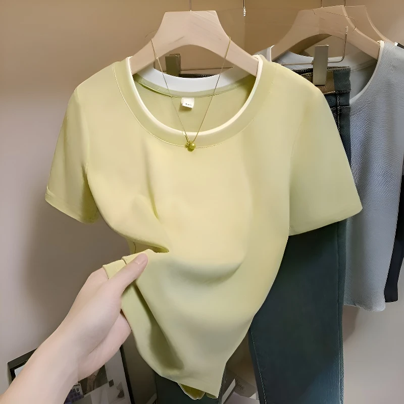 外贸原单.百搭正肩短袖t恤简约夏季显瘦设计感撞色圆领上衣25018