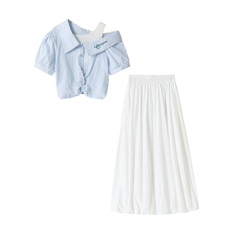 夏季穿搭一整套女新款设计感条纹短袖衬衫高腰花苞裙两件套2152