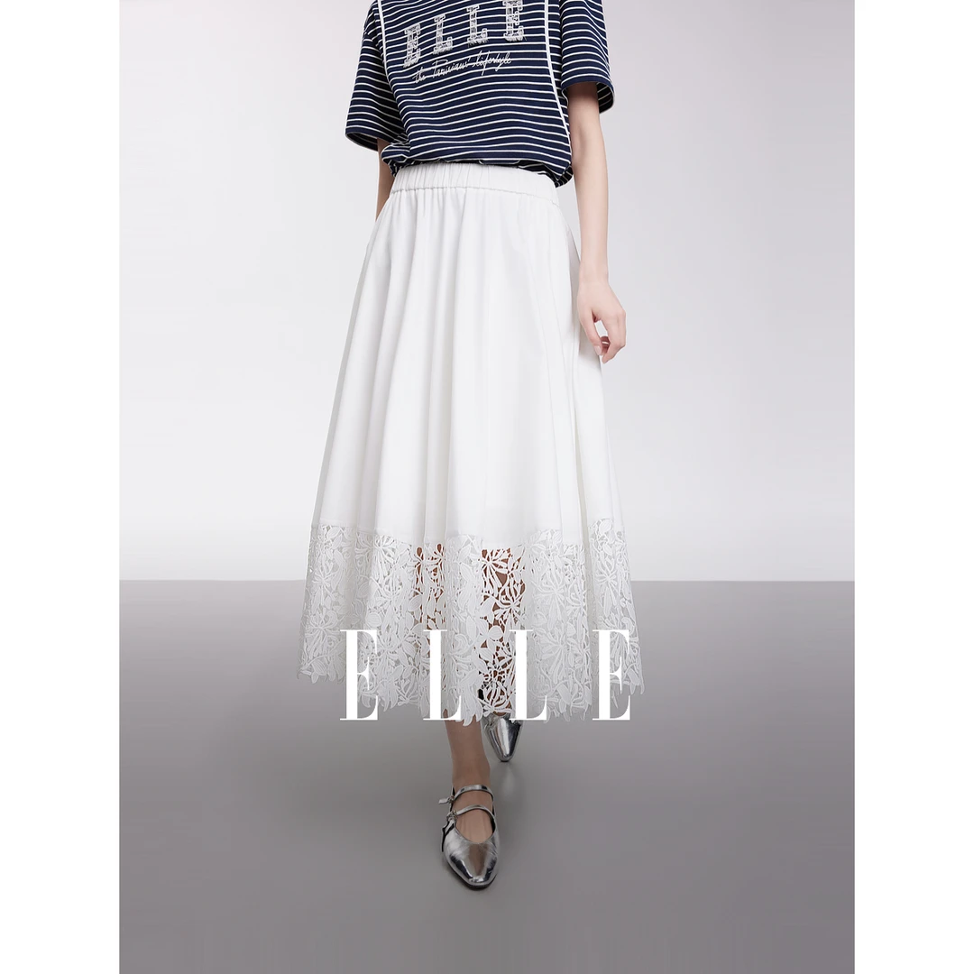 ELLE拼接镂空花边半身裙女2025夏新款时髦气质显瘦a字伞裙ER50825