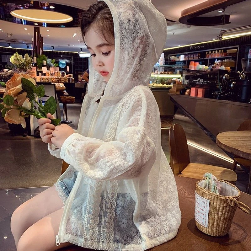 女童蕾丝防晒衣薄款新品2025夏款爆款儿童外穿国风连帽拉链上衣