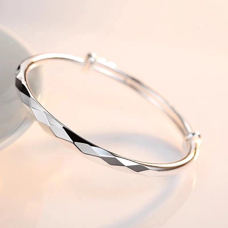 足银手镯 A39水立方圆度推拉银手镯时尚百搭菱光之恋年轻款