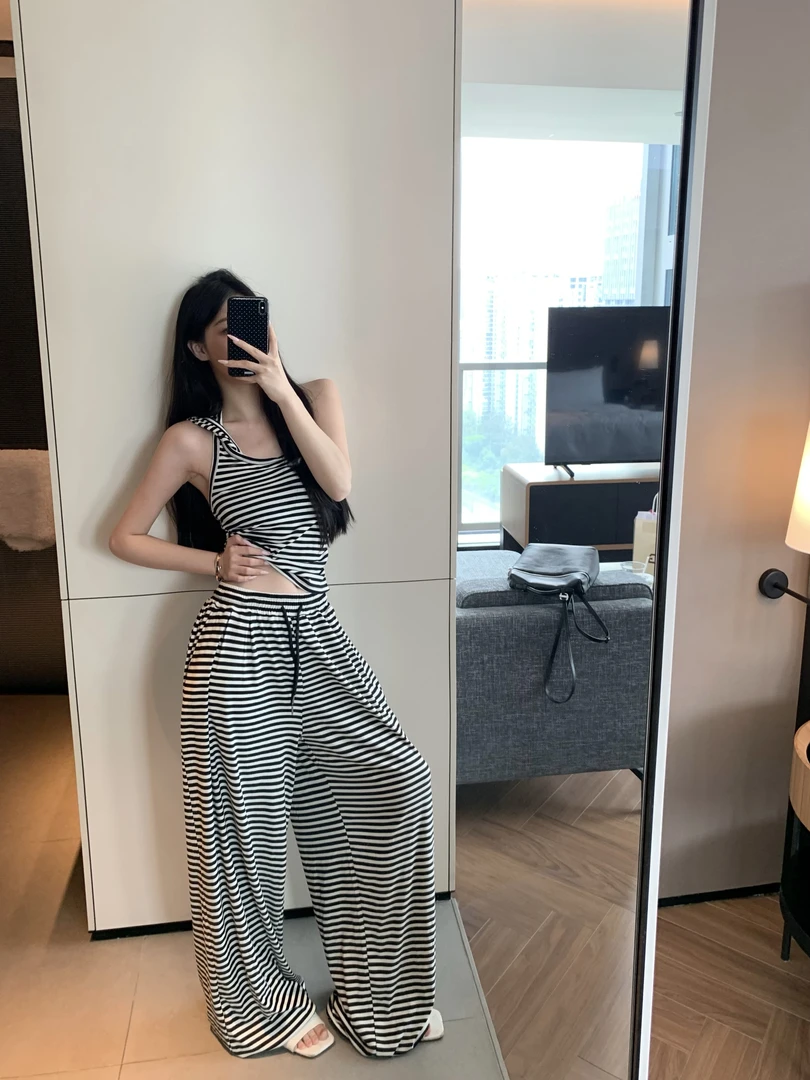 韩版辣妹风时尚套装套装高腰阔腿裤上衣气质条纹露背背心吊带