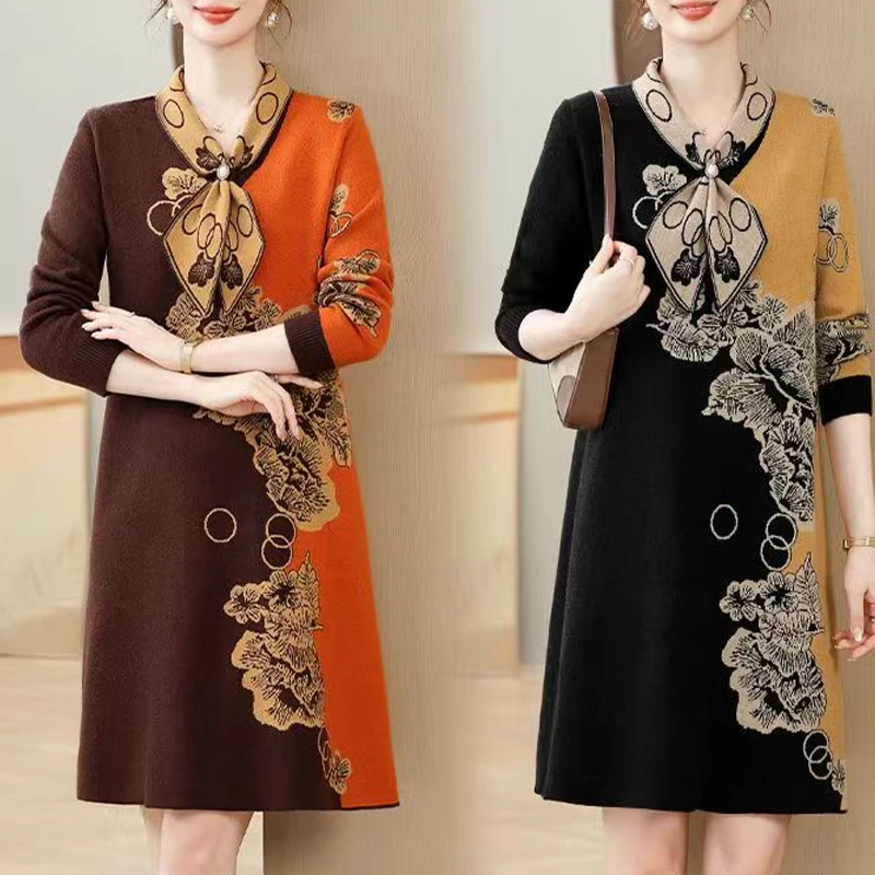 9207#新款时尚重工提花洋气半高领针织打底中长款拼色连衣裙