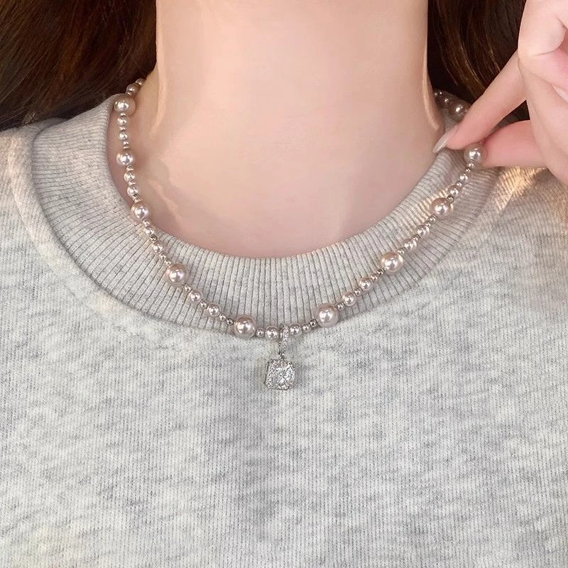 合金合成锆石吊坠 女百搭无镀层锁骨链拼接设计感小众素款手工