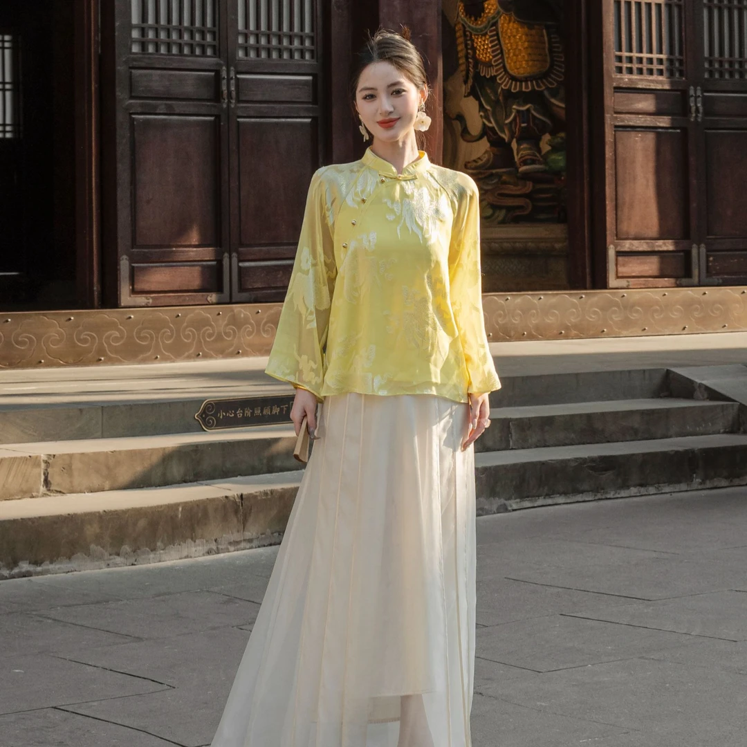 【雀舞】新中式国风春夏薄款提花长袖上衣女款小衫G8082