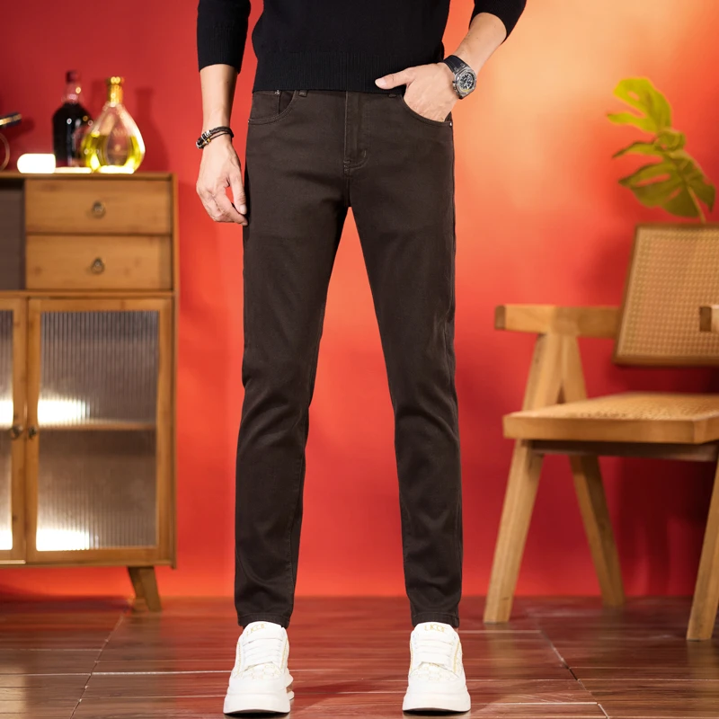 男士欧版轻奢小直筒牛仔裤棕灰色秋冬男修身商务休闲牛仔裤长裤
