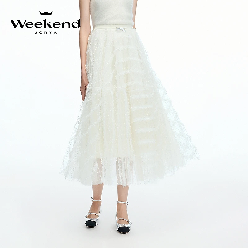 卓雅周末24冬季新款浪漫蕾丝网纱蝴蝶结A字中长款半身裙Q260104A