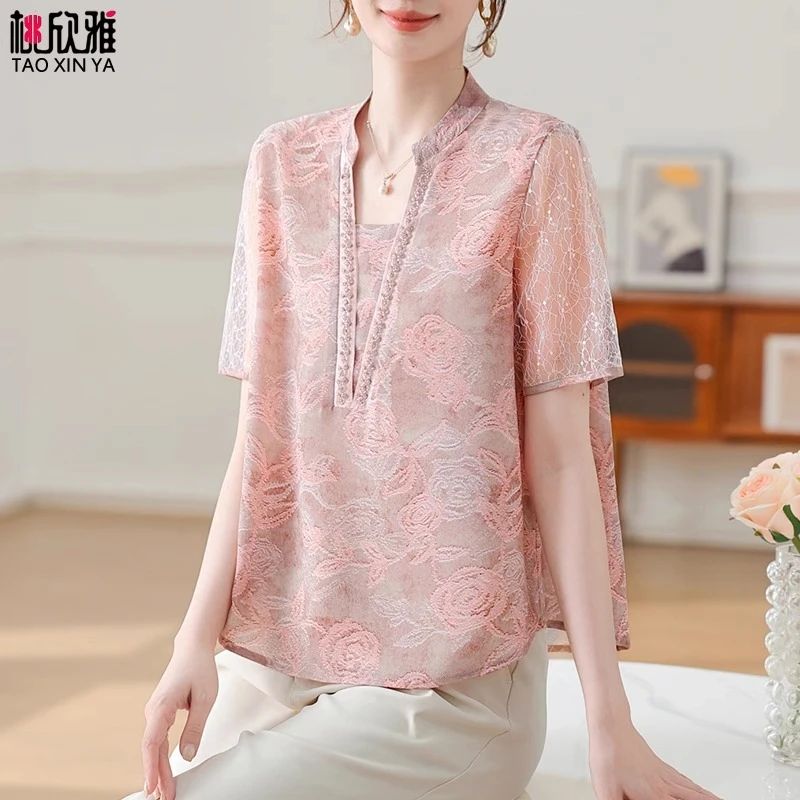 中年妈妈夏装短袖t恤上衣套装2025新款洋气中老年女夏季高贵小衫