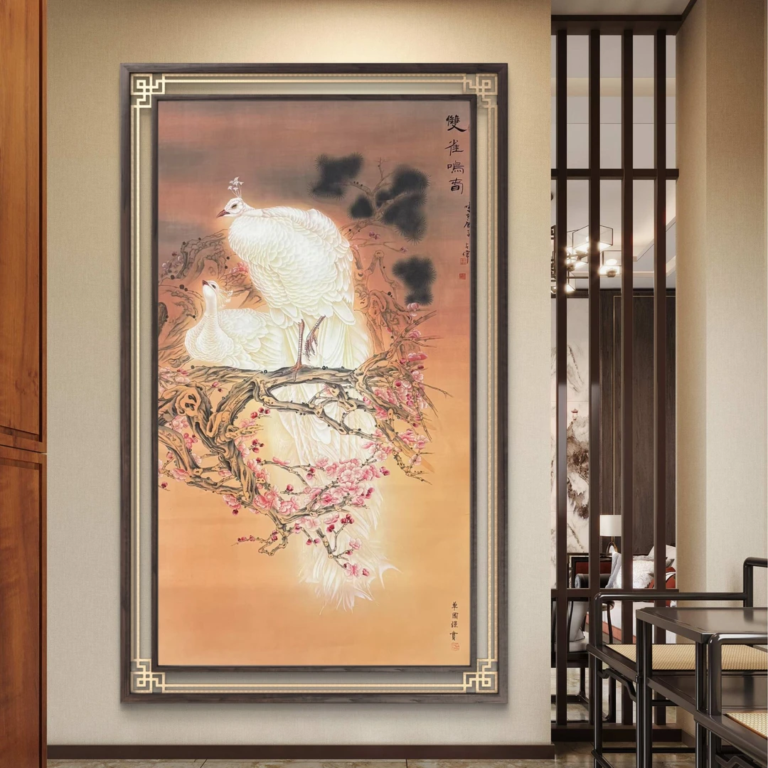双雀鸣春孔雀-陈占伟亲笔手绘-140*70cm绢画宣纸
