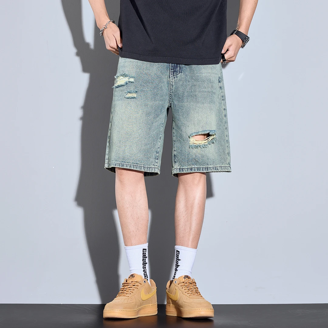 Kuvine美式薄款破洞牛仔短裤男士潮牌宽松休闲百搭五分裤夏季中裤