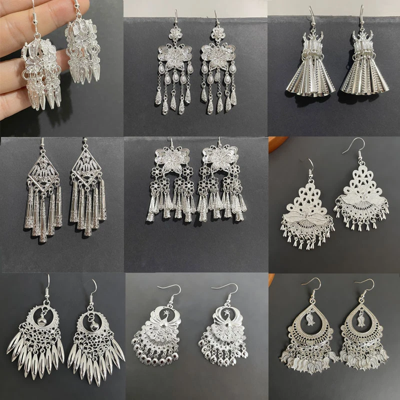 合金耳饰 复古孔雀耳环凤回头仿银民族风文创冰箱贴配件苗族耳饰