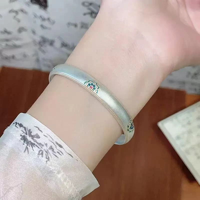 足银手镯 A66足银999.9珐琅宝相花如意描金银手镯女国风节日礼物