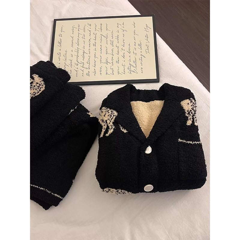 日系慵懒风半边绒情侣睡衣男女秋冬款加厚加绒新款长袖大码珊瑚绒