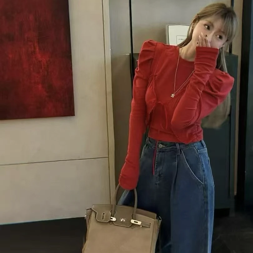 韩版纯欲风弹力加绒假两件T恤女修身显瘦秋冬内搭