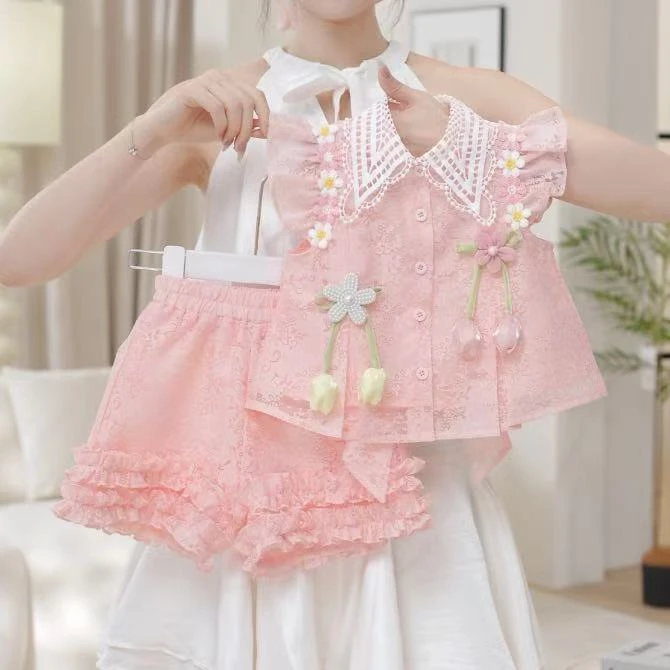 2025夏季新款女童高级粉郁金香花朵蕾丝花边岭无袖上衣短裤套装潮