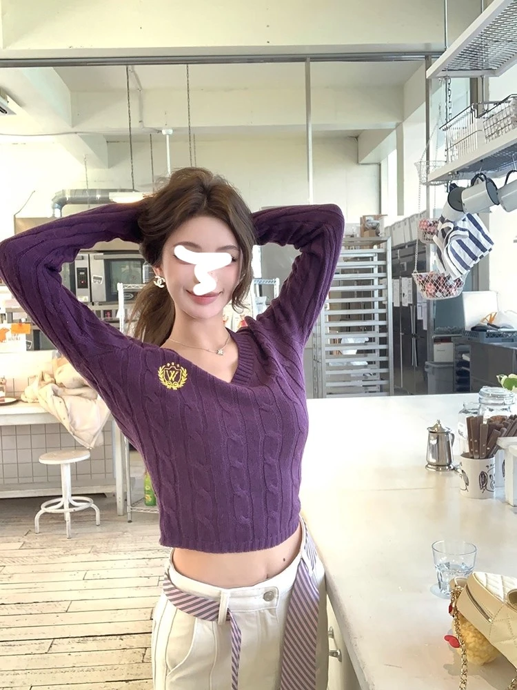 【温情紫罗兰】白色学院风针织衫上衣秋冬羊毛v领麻花毛衣
