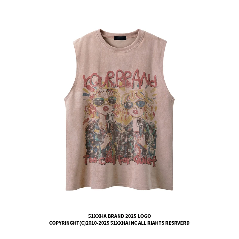 51嘻哈美式复古涂鸦人物印花无袖T恤男夏季潮牌宽松健身坎肩背心