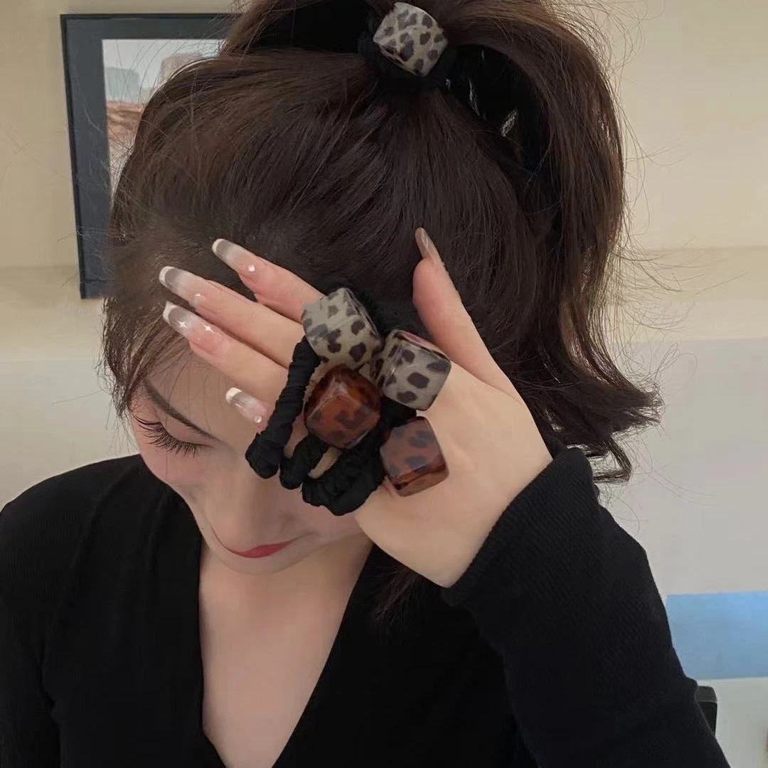 韩国冰透方糖亚克力豹纹复古发绳气质简约高弹力面膜发圈马尾发饰