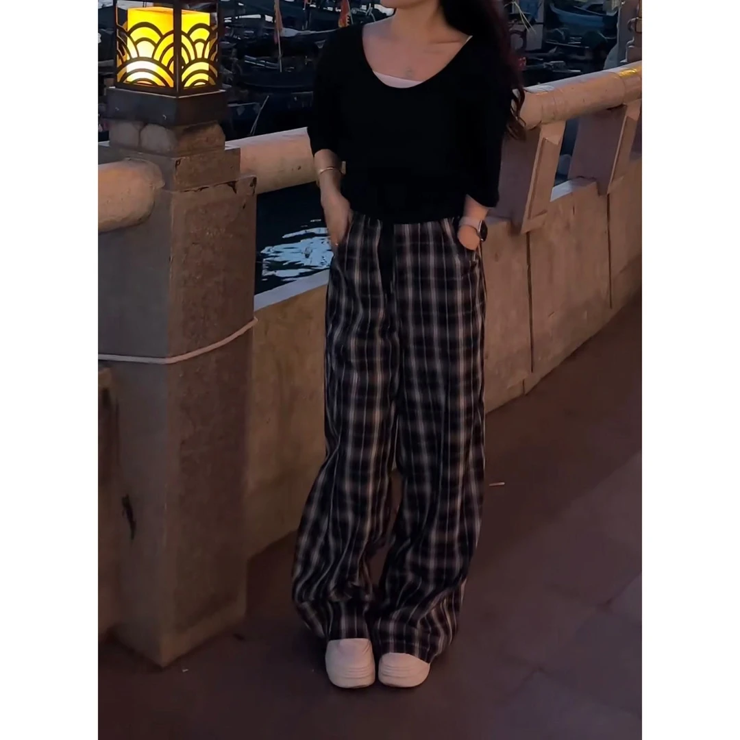 YOO[设计感]T恤叠穿背心吊带格纹休闲裤套装565一
