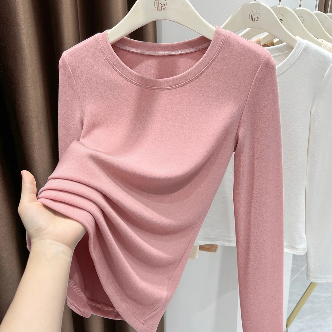 粉色小圆领德绒打底衫女爆款2025新款秋冬加厚保暖内搭高级感上衣