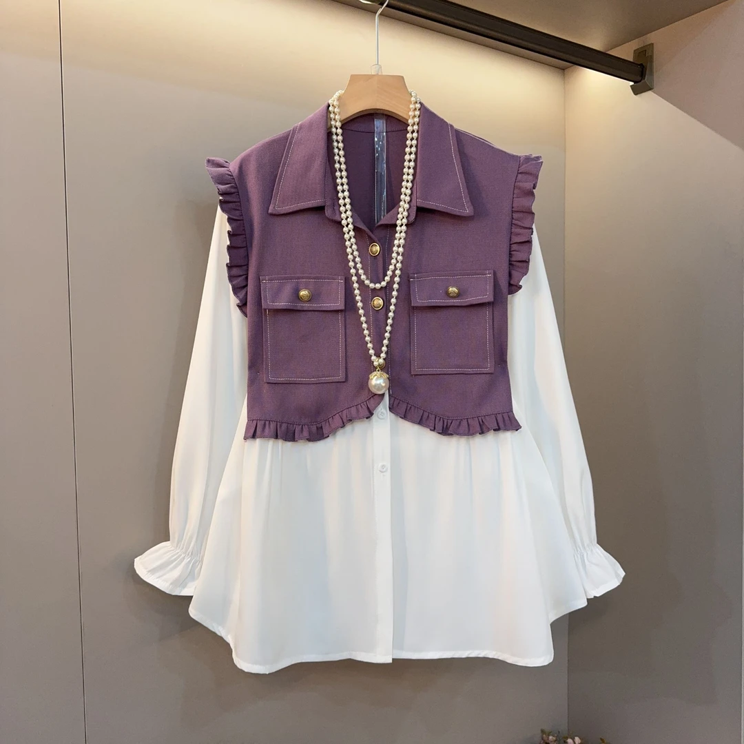 新款大码女装翻领拼接花边设计感时尚洋气欧货显瘦宽松上衣衣长73