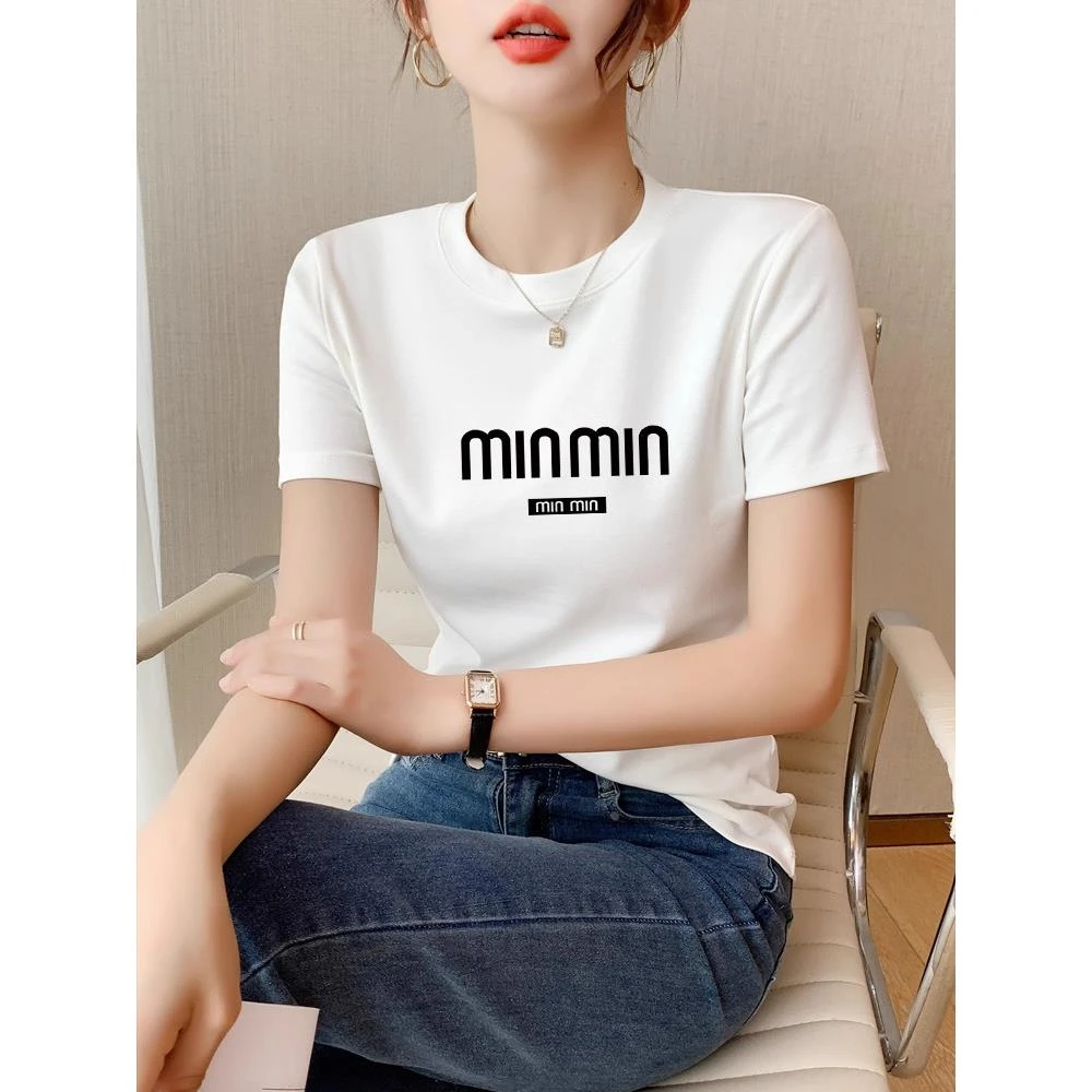 纯棉短袖t恤女2025新款字母印花春夏修身显瘦体恤半袖打底上衣ins