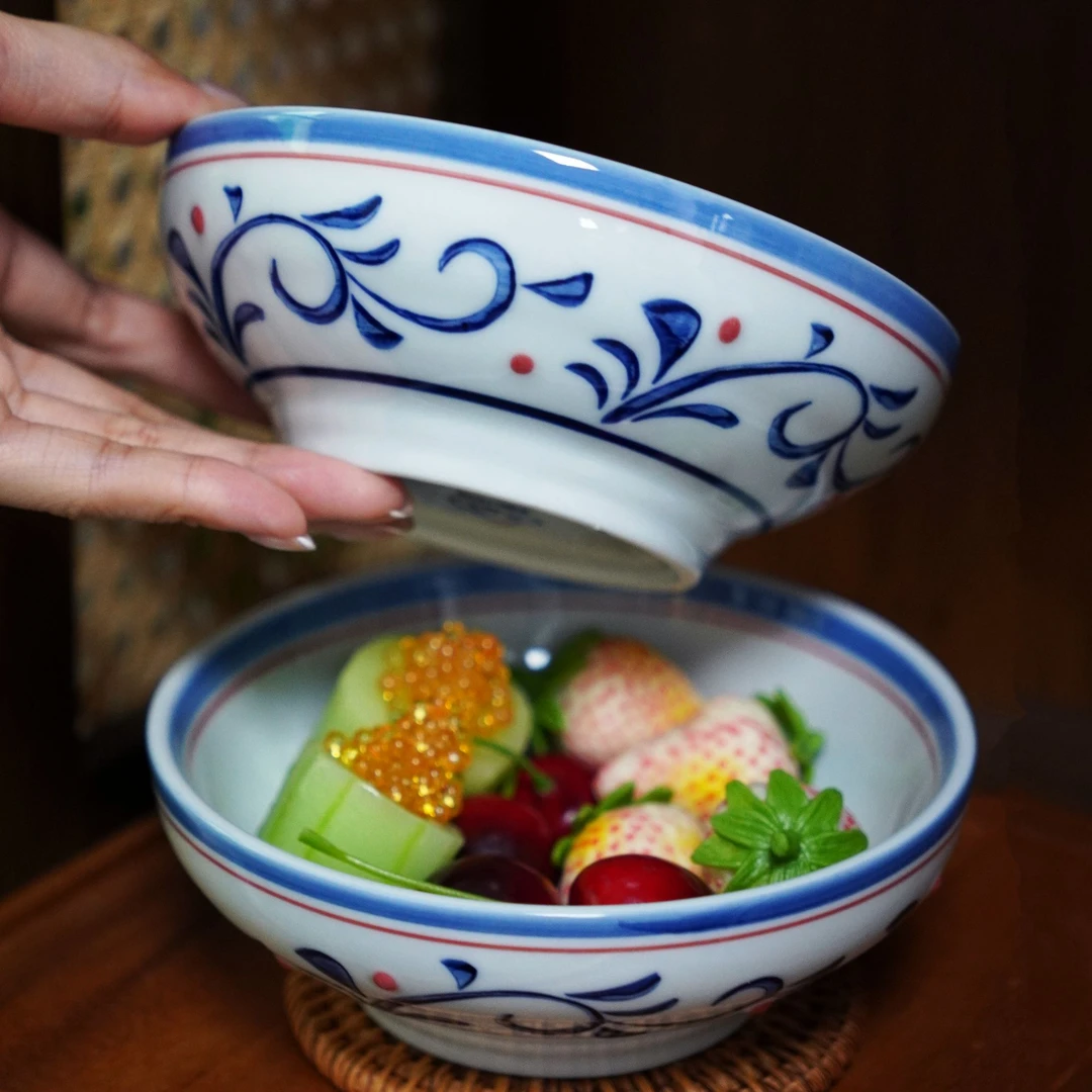 RIGEIAN/瑞涧【5.5寸波波碗】红豆卷草唐草石榴高温釉下彩手绘新中