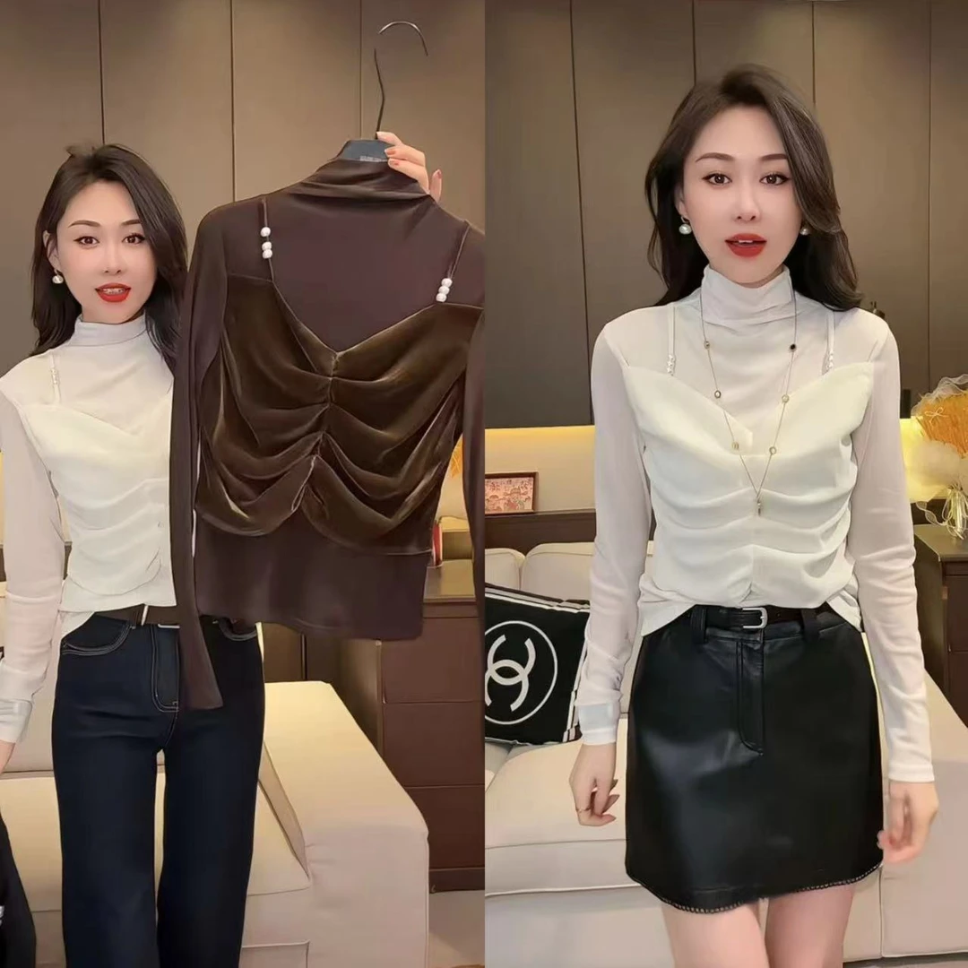 丝绒吊带假两件半高领打底衫女2025秋新款显瘦洋气长袖上衣女爆款