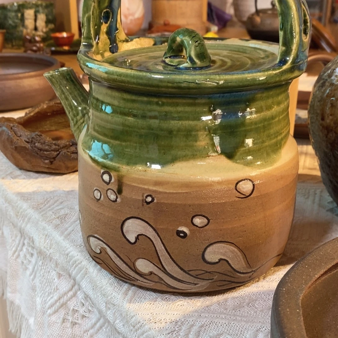 瓷片Z**a织部烧提梁水注