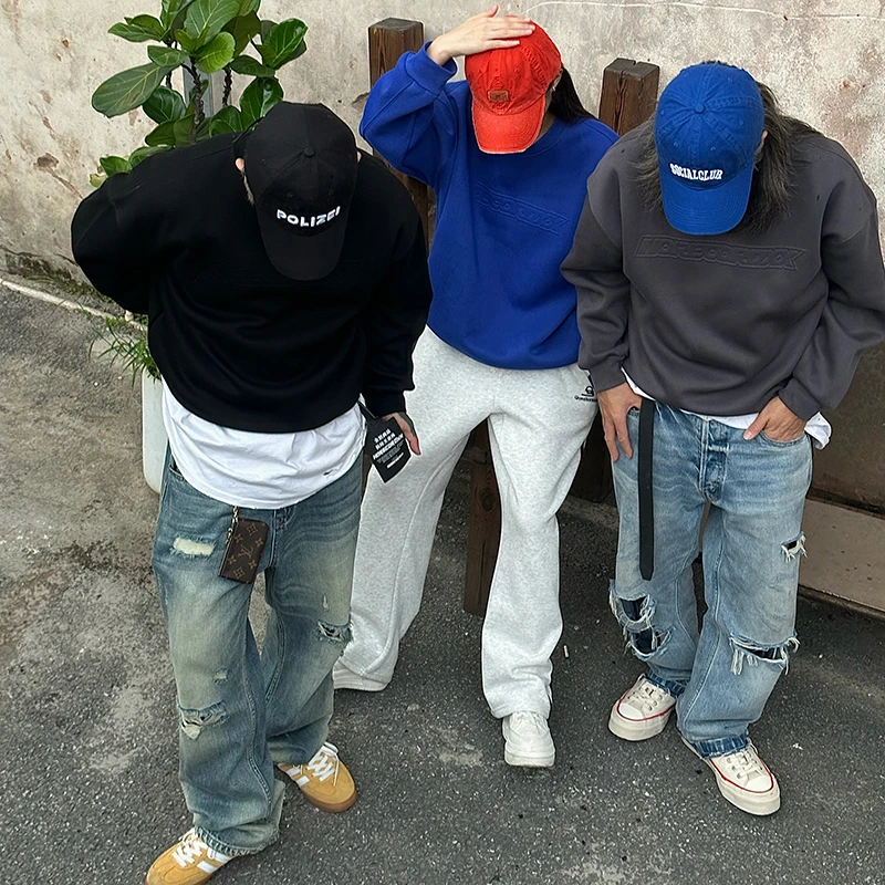 【NRXX】原创重磅纯色百搭男士圆领钢印秋季卫衣休闲套头男女上衣