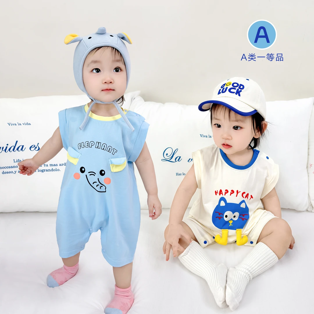 新款婴儿短袖纯棉夏季衣服男女宝宝外出连体衣无袖无骨透气弹力棉