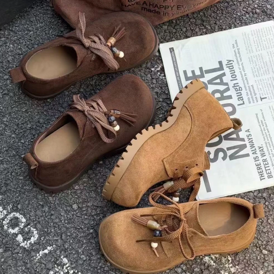 黑木李真皮厚底内增高勃肯鞋女复古系带串珠百搭休闲鞋软底港风