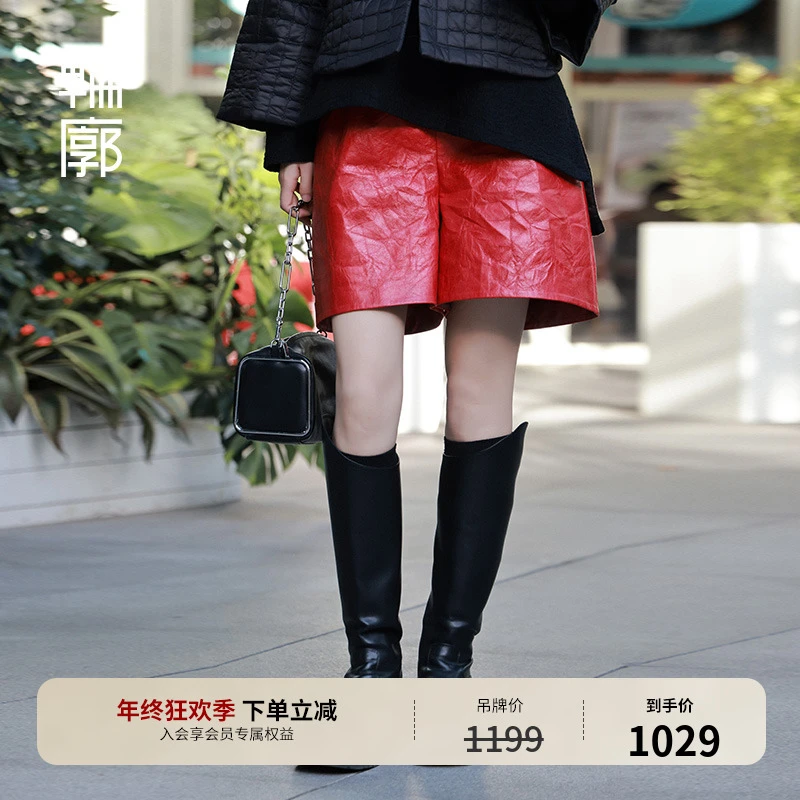 轮廓皮革叙事短裤洋气肌理感阔腿皮裤复古炸街宽松显瘦L233K019