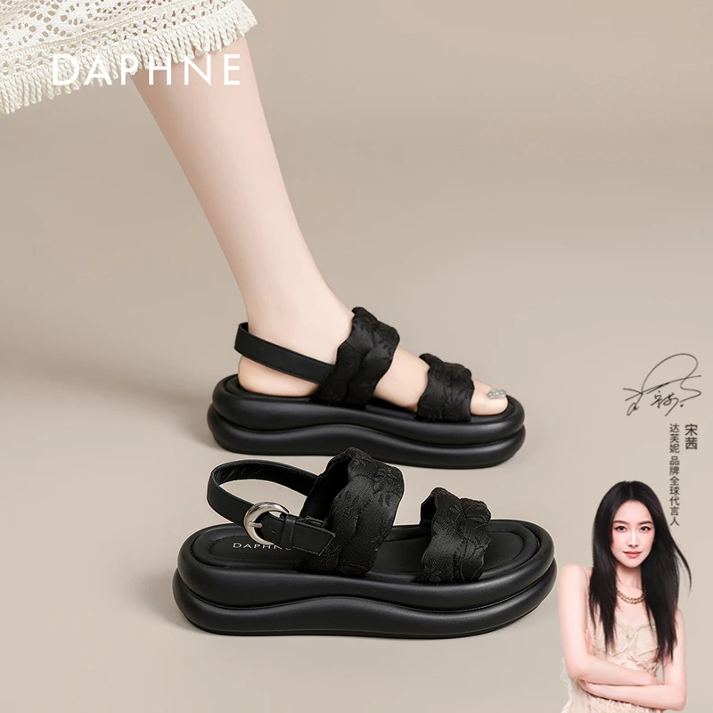 达芙妮国风刺绣厚底凉鞋女2025春夏新款时尚百搭松糕底舒适凉鞋L