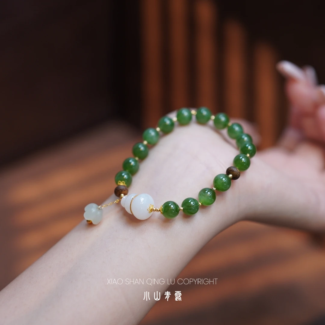 【JL1750】和田碧玉沉香葫芦手串18k金镶嵌长度18cm 珠子7~8mm