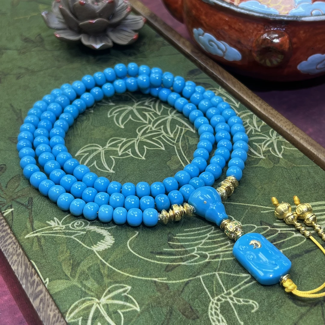 【珺笙珠宝】传承•极光地狱妖蓝绿松石18K金老型项链6mm