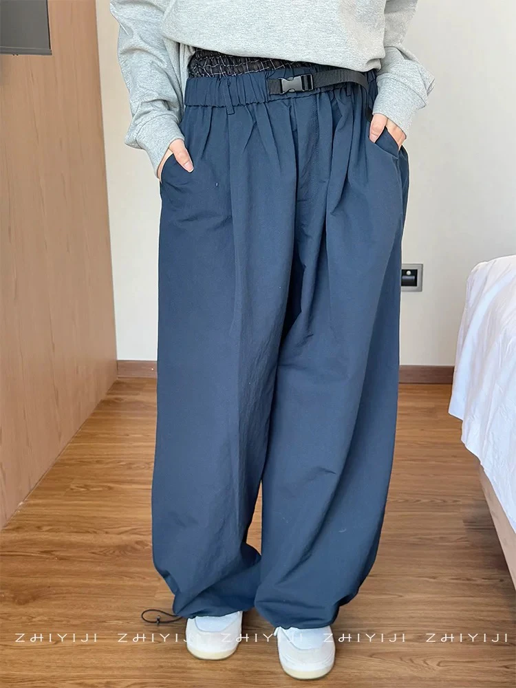 出游户外山系风大口袋松紧腰直筒裤 束口双腰头格子轻薄款工装裤