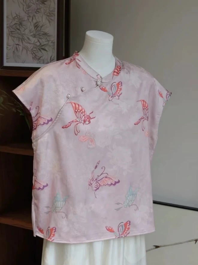 【雨花蝶】中式复古国风夏季洋气显瘦提花小飞袖女士上衣