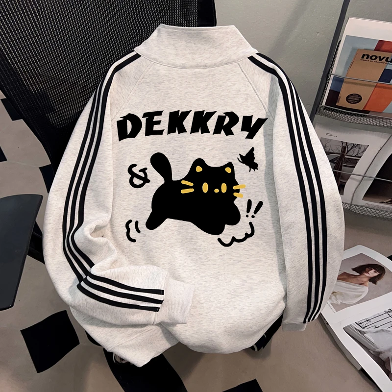 Dekkry卡通小猫字母印花秋冬立领卫衣开衫三条杠男女款情侣装外套